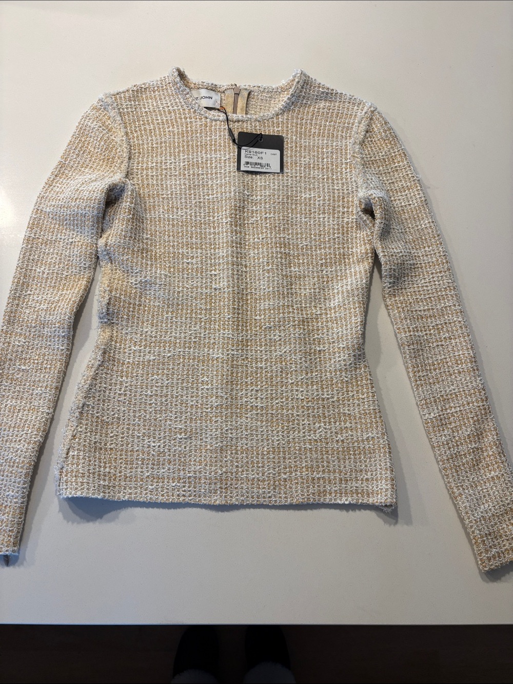 St. John Cream and Beige Tweed Long-Sleeve Knit Top